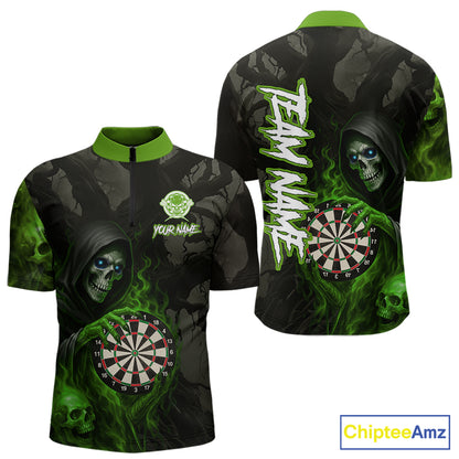 Green Grim Reaper Flame Darts Shirt For Men Custom Skull Darts Jersey Team Polo & Quarter Zip TDM5531