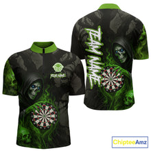 Load image into Gallery viewer, Green Grim Reaper Flame Darts Shirt For Men Custom Skull Darts Jersey Team Polo &amp; Quarter Zip TDM5531