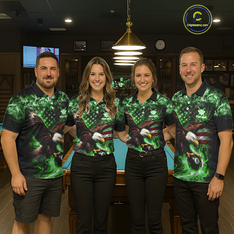Green Flaming Eagle 8 Ball Billiard Shirt For Men Custom US Flag Pool Team Jersey Polo & 1/ 4 Zip TDM6153