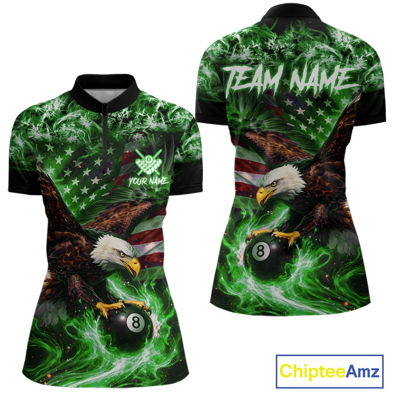 Green Flaming Eagle 8 Ball Billiard Shirt For Women Custom US Flag Pool Team Jersey Polo & 1/ 4 Zip TDM6153