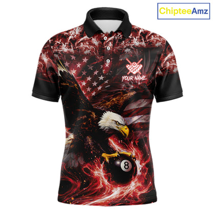 Red Flaming Eagle 8 Ball Billiard Shirt For Men Custom US Flag Pool Team Jersey Polo & 1/ 4 Zip TDM6154