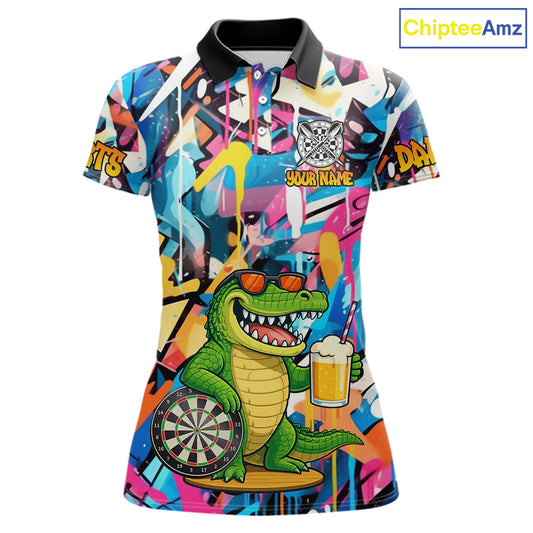 Funny Alligator Colorful Graffiti Darts Shirt For Women Custom Darts Team Jersey Polo & 1/4 Zip TDM6392