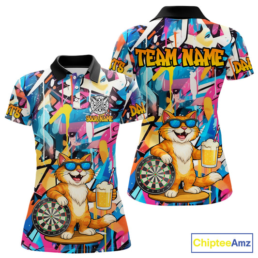 Funny Cat Colorful Graffiti Darts Shirt For Women Custom Darts Team Jersey Polo & 1/4 Zip TDM6393