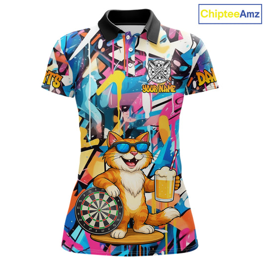 Funny Cat Colorful Graffiti Darts Shirt For Women Custom Darts Team Jersey Polo & 1/4 Zip TDM6393
