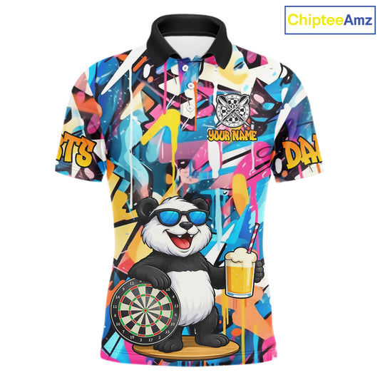 Funny Panda Colorful Graffiti Darts Shirt For Men Custom Darts Team Jersey Polo & 1/4 Zip TDM6394