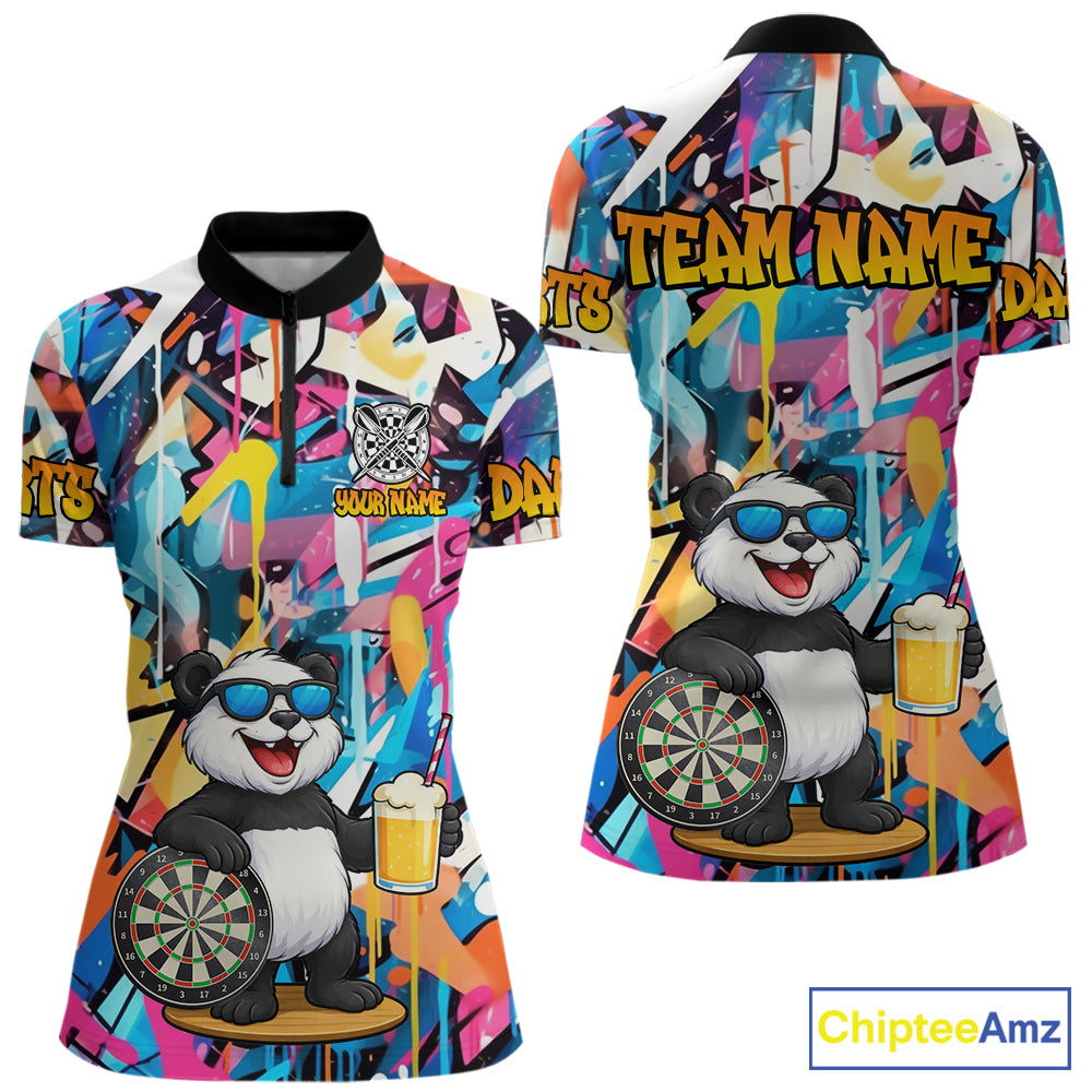 Funny Panda Colorful Graffiti Darts Shirt For Women Custom Darts Team Jersey Polo & 1/4 Zip TDM6394