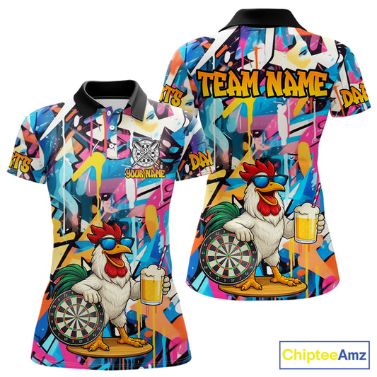 Funny Rooster Colorful Graffiti Darts Shirt For Women Custom Darts Team Jersey Polo & 1/4 Zip TDM6395