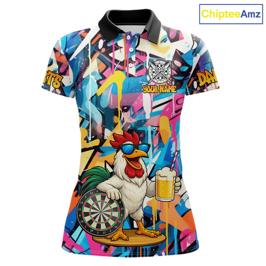 Funny Rooster Colorful Graffiti Darts Shirt For Women Custom Darts Team Jersey Polo & 1/4 Zip TDM6395