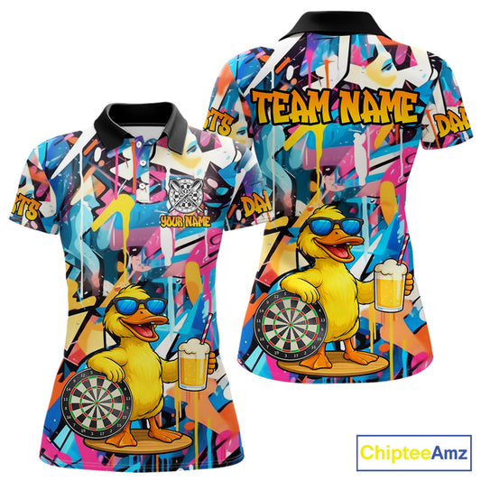 Funny Duck Colorful Graffiti Darts Shirt For Women Custom Darts Team Jersey Polo & 1/4 Zip TDM6396