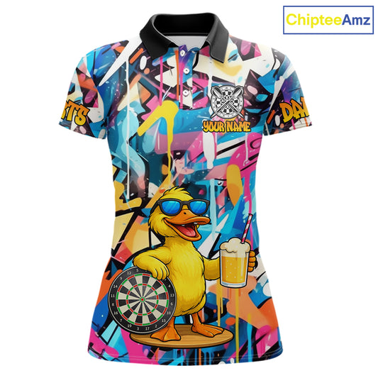 Funny Duck Colorful Graffiti Darts Shirt For Women Custom Darts Team Jersey Polo & 1/4 Zip TDM6396