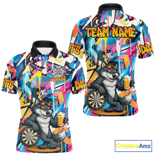 Funny Wolf Colorful Graffiti Darts Shirt For Men Custom Darts Team Jersey Polo & 1/4 Zip TDM6398