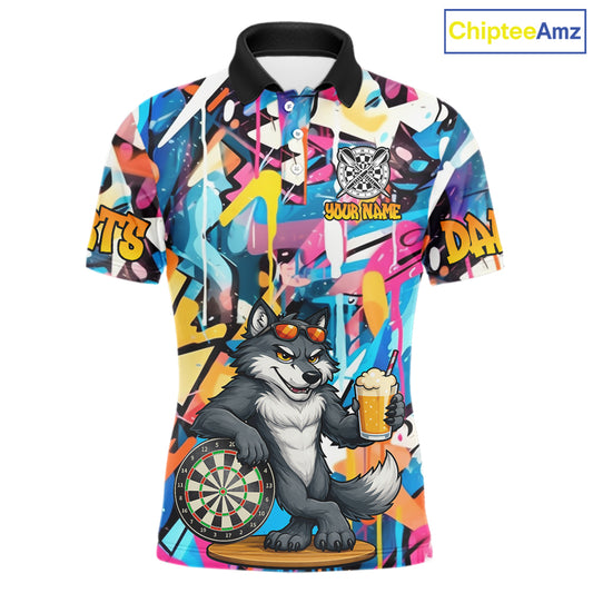 Funny Wolf Colorful Graffiti Darts Shirt For Men Custom Darts Team Jersey Polo & 1/4 Zip TDM6398