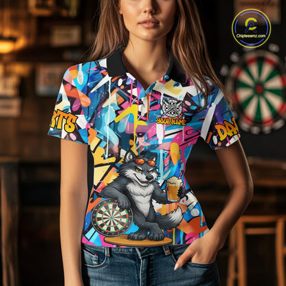 Funny Wolf Colorful Graffiti Darts Shirt For Women Custom Darts Team Jersey Polo & 1/4 Zip TDM6398