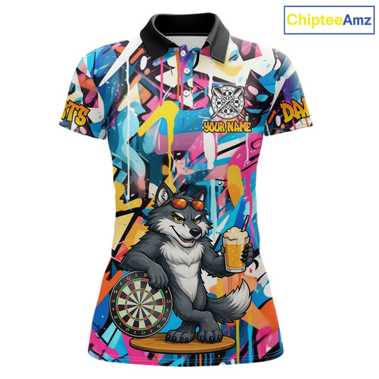 Funny Wolf Colorful Graffiti Darts Shirt For Women Custom Darts Team Jersey Polo & 1/4 Zip TDM6398