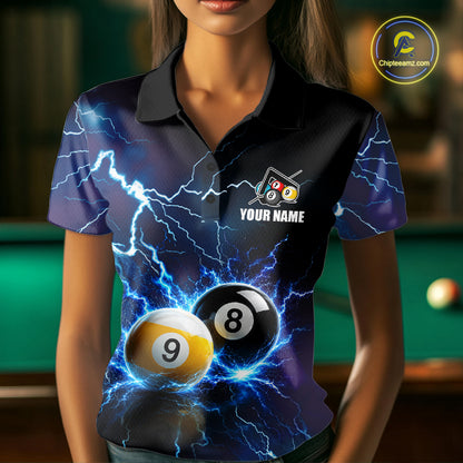 Woman Wearing Personalized Blue Thunder Lightning 8 Ball 9 Ball Billiard Polo Shirt with Athletic Performance Fit and Vibrant Lightning Artwork, Front View
