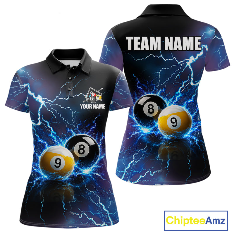 Custom Blue Thunder Lightning 8 Ball 9 Ball Billiard Polo Shirt Designed for Personalized Team Jerseys with Dynamic Lightning Graphics and Athletic Performance Style
