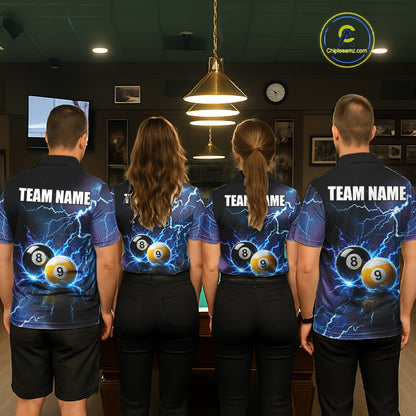 Pool Team Wearing Personalized Blue Thunder Lightning 8 Ball 9 Ball Custom Billiard Team Jerseys Featuring the Complete Back Artwork, Back View