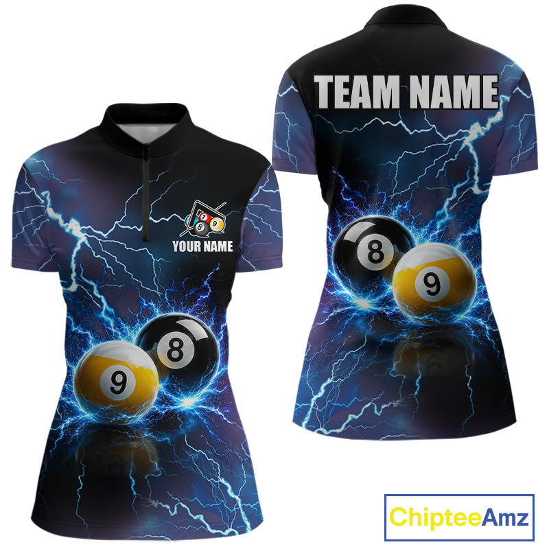 Personalized Blue Thunder Lightning 8 Ball 9 Ball Quarter Zip Billiard Shirt Created for Pool League Teams with Premium Performance Fabric and Tournament Ready Design