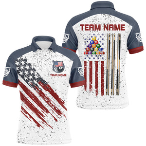 White Grunge American Flag Custom Billiard Shirts For Men, Patriotic Team Player Pool Jerseys TDM2326