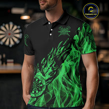 Load image into Gallery viewer, Black And Green Flame Fire Darts Polo &amp; Quarter Zip Custom Dart Shirt For Men Dart Jerseys TDM4857