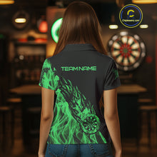 Load image into Gallery viewer, Black And Green Flame Fire Darts Polo &amp; Quarter Zip Custom Dart Shirt For Women Dart Jerseys TDM4857