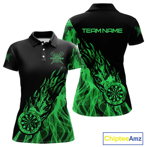 Black And Green Flame Fire Darts Polo & Quarter Zip Custom Dart Shirt For Women Dart Jerseys TDM4857