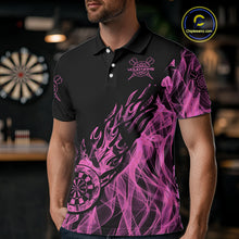 Load image into Gallery viewer, Black And Pink Flame Fire Darts Polo &amp; Quarter Zip Custom Dart Shirt For Men Dart Jerseys TDM4858