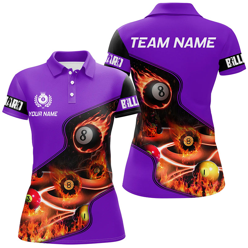 Personalized Master Billiard Balls Flame 3D Women Polo Shirts, Purple Billiard Jersey For Pool Player TDM0980