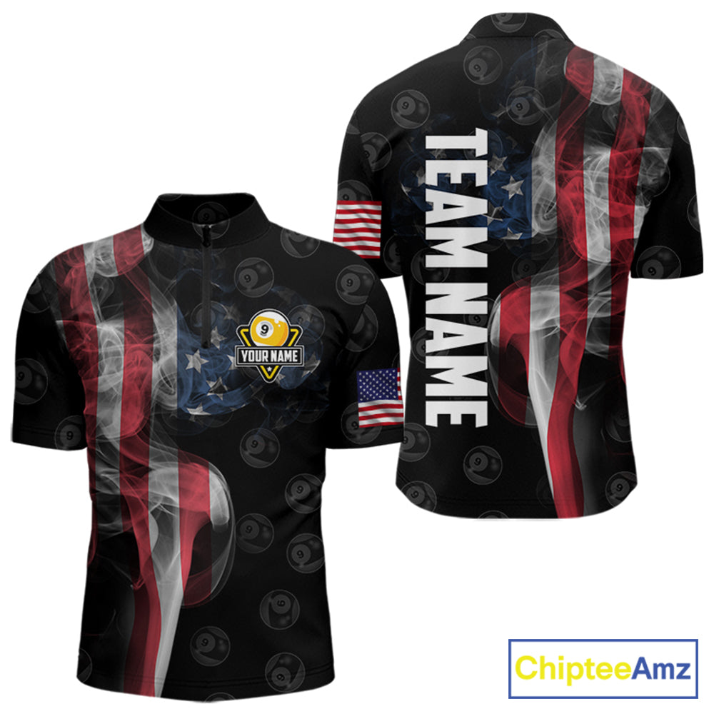 Personalized Vintage Smoke US Flag Billiard Shirts For Men, 9 Ball Pool Patriotic Billiard Jerseys TDM3633