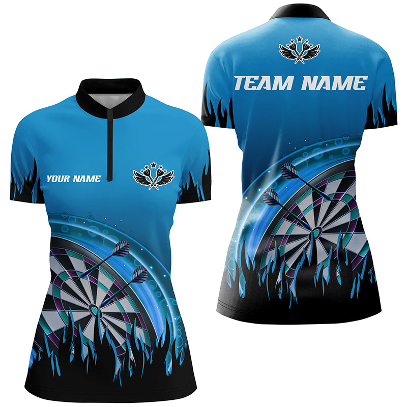 Personalized Blue Darts Flame Women Quarter-Zip Shirt Custom Team League Darts Jersey Attire TDM1519