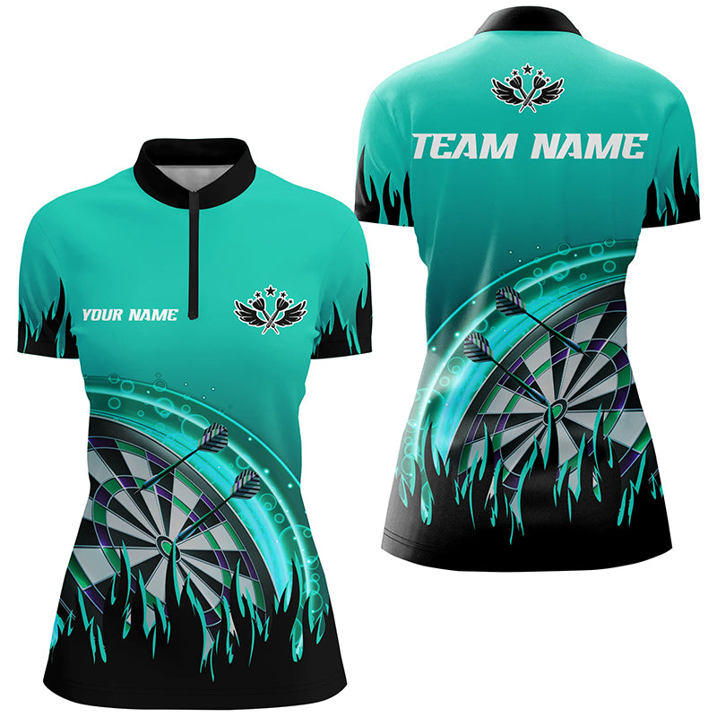 Personalized Turquoise Darts Flame Women Quarter-Zip Shirts Custom Team League Darts Jersey TDM1520