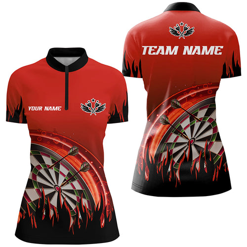 Personalized Red Darts Flame Women Quarter-Zip Shirts Custom Team League Darts Jersey Attire TDM1521