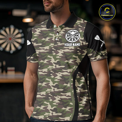 Personalized Green Camo Skull Darts Shirt For Men Custom Darts League Jersey Team Polo & 1/4 Zip TDM6402