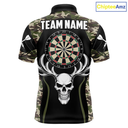 Personalized Green Camo Skull Darts Shirt For Men Custom Darts League Jersey Team Polo & 1/4 Zip TDM6402