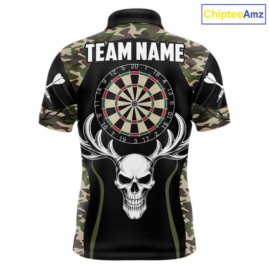 Personalized Green Camo Skull Darts Shirt For Men Custom Darts League Jersey Team Polo & 1/4 Zip TDM6402