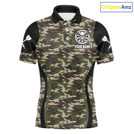 Personalized Green Camo Skull Darts Shirt For Men Custom Darts League Jersey Team Polo & 1/4 Zip TDM6402