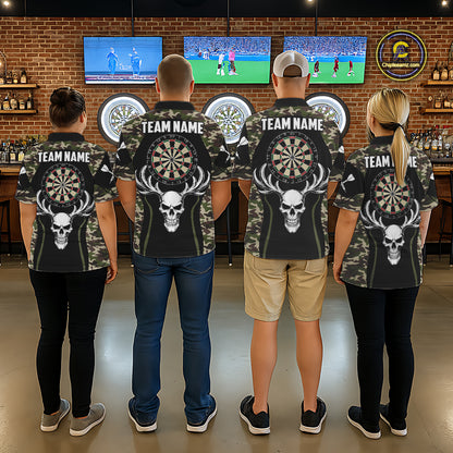 Personalized Green Camo Skull Darts Shirt For Men Custom Darts League Jersey Team Polo & 1/4 Zip TDM6402