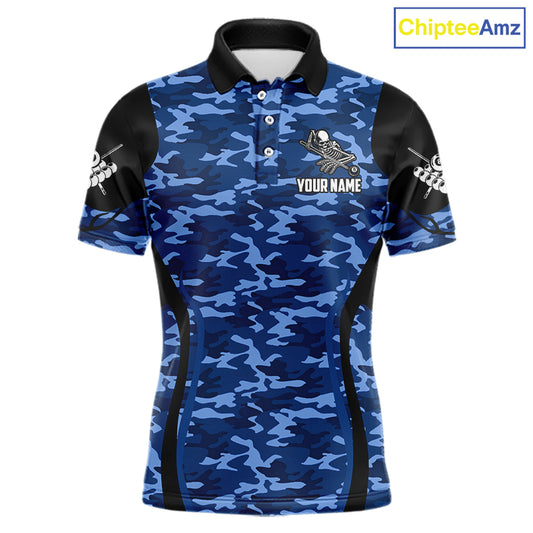 Personalized Blue Camo Skull Billiard Shirt For Men, 8 Ball Billiard Team Jersey Polo & 1/4 Zip TDM6399