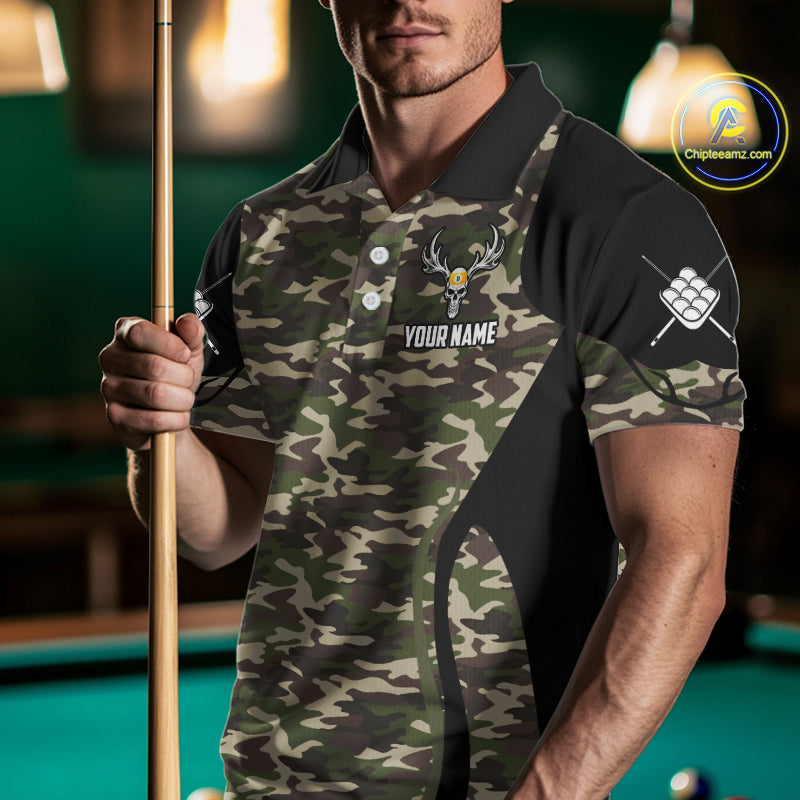 Personalized Green Camo Skull Billiard Shirt For Men, 9 Ball Billiard Team Jersey Polo & 1/4 Zip TDM6401