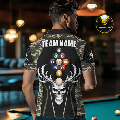 Personalized Green Camo Skull Billiard Shirt For Men, 9 Ball Billiard Team Jersey Polo & 1/4 Zip TDM6401