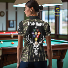 Load image into Gallery viewer, Personalized Green Camo Skull Billiard Shirt For Women, 9 Ball Billiard Team Jersey Polo &amp; 1/4 Zip TDM6401