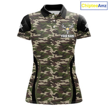 Load image into Gallery viewer, Personalized Green Camo Skull Billiard Shirt For Women, 9 Ball Billiard Team Jersey Polo &amp; 1/4 Zip TDM6401