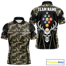 Load image into Gallery viewer, Personalized Green Camo Skull Billiard Shirt For Men, 9 Ball Billiard Team Jersey Polo &amp; 1/4 Zip TDM6401