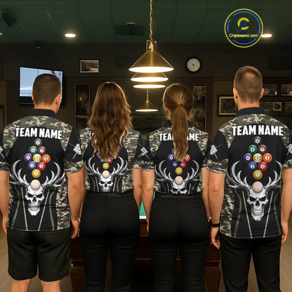 Personalized Green Camo Skull Billiard Shirt For Women, 9 Ball Billiard Team Jersey Polo & 1/4 Zip TDM6401