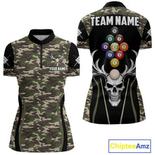 Load image into Gallery viewer, Personalized Green Camo Skull Billiard Shirt For Women, 9 Ball Billiard Team Jersey Polo &amp; 1/4 Zip TDM6401