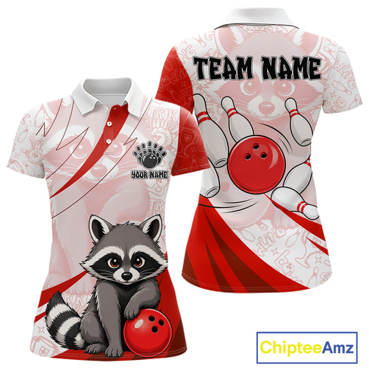 Custom Red Funny Raccoon Bowling Jersey For Women Custom Bowling Shirts Team Polo & Quarter Zip TDM6592
