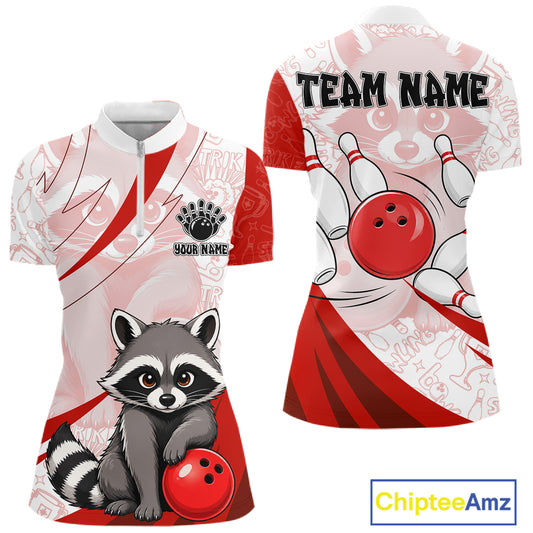 Custom Red Funny Raccoon Bowling Jersey For Women Custom Bowling Shirts Team Polo & Quarter Zip TDM6592