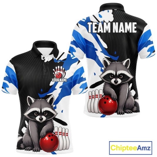 Bowling-themed shirt with raccoon design, customizable text.