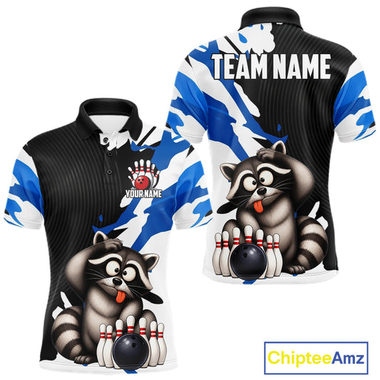 Bowling shirt with raccoon design and customizable text on a white background