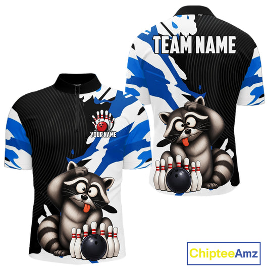 Bowling shirt with raccoon design and customizable text on a white background